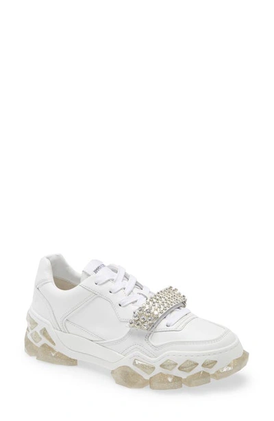 Jimmy Choo Diamond X Strap Crystal-embellished Leather Sneakers In Weiss