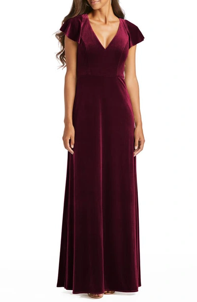 After Six Flutter Sleeve Velvet Gown In Red
