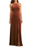 Lovely Harper Velvet Halter Maxi Dress With Front Slit In Auburn Moon