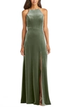 Lovely Harper Velvet Halter Maxi Dress With Front Slit In Green