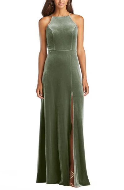 Lovely Harper Velvet Halter Maxi Dress With Front Slit In Multi