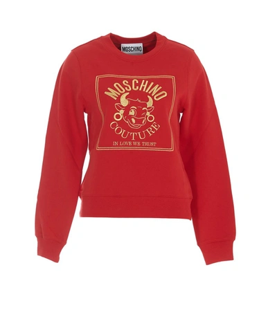 Moschino Logo Embroidered Cotton Sweatshirt In Red