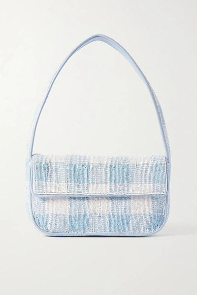 Staud Tommy Beaded Gingham Leather Shoulder Bag In Blue