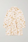 Ganni Animal Print Ruffle Collar Long Sleeve Organic Cotton Poplin Dress In White