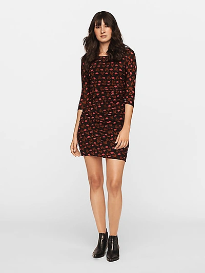 Diane Von Furstenberg Alfie Ruched Printed Stretch-mesh Mini Dress In Cherry Leaf Black