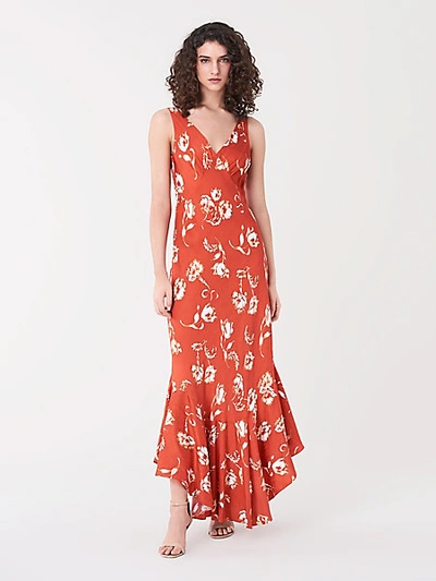 Diane Von Furstenberg Florain Asymmetric Floral-print Satin-jacquard Maxi Dress In Prairie Paprika