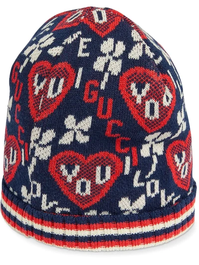 Gucci Babies' Jacquard Pattern Knit Beanie In Blue