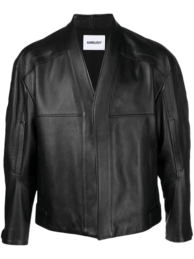 Ambush Embossed-logo Open-front Leather Jacket In Black