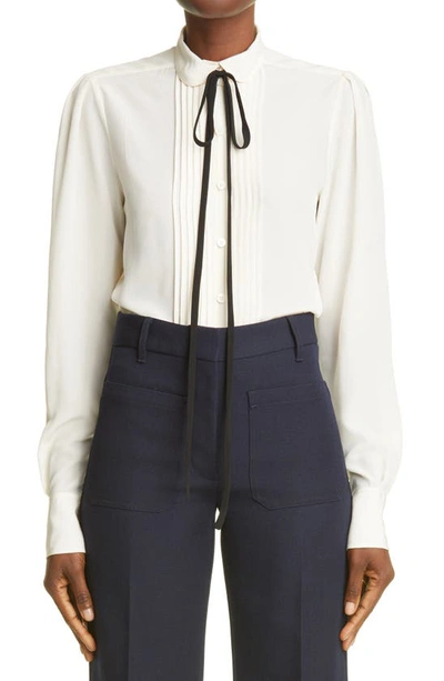 Victoria Beckham Silk Shirt W/ Contrast Self-tie Collar In Vanilla