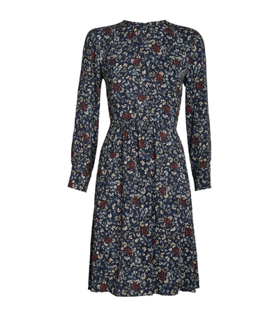 Chloé C Flower Floral Print Long Sleeve Crepe Dress In Abyss Blue