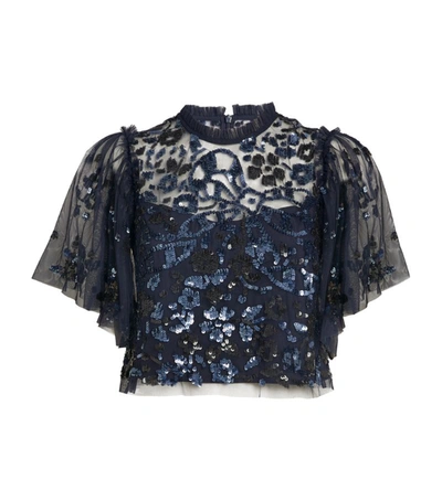 Needle & Thread Sequin-embellished Shirley Ribbon Top In Sapphire Sky