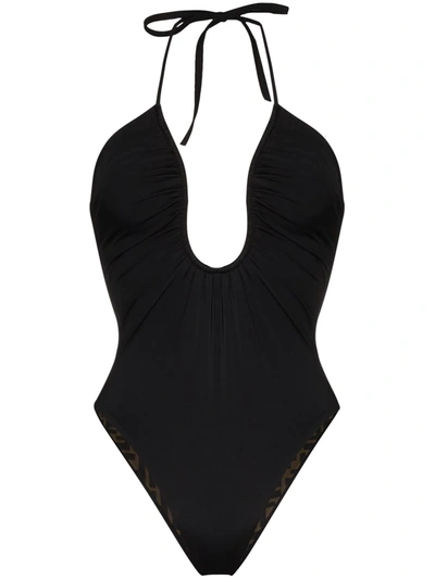 Fendi Reversible Two-tone Ff Swimsuit In Black