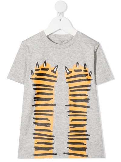 Stella Mccartney Kids' Tiger Paws-print Organic-cotton T-shirt In Grey