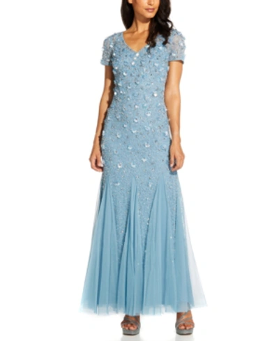Adrianna Papell Beaded Floral Gown In Air Sky Blue