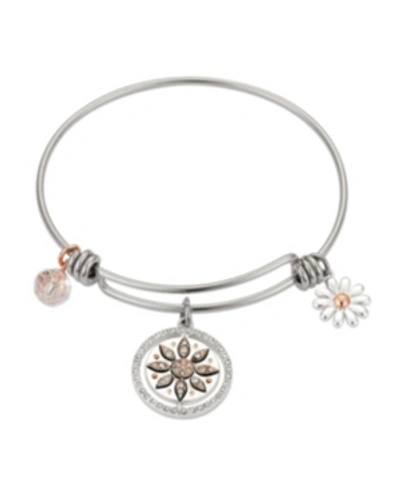 Unwritten Crystal "friends Were Flowers" Adjustable Bangle Bracelet In Stainless Steel And Rose Gold Two-tone 