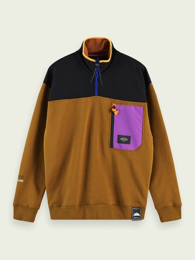 Scotch & Soda 100% Cotton Half-zip Color Block Sweatshirt In Brown
