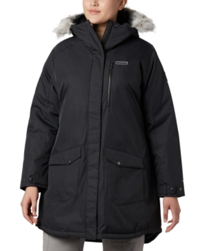 Columbia Plus Size Suttle Mountain Hooded Faux-fur-trim Long Insulated Jacket In Black