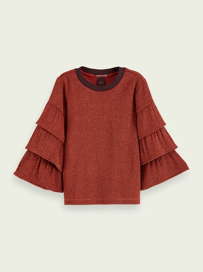 Scotch & Soda Ruffle Sleeve T-shirt In Brown