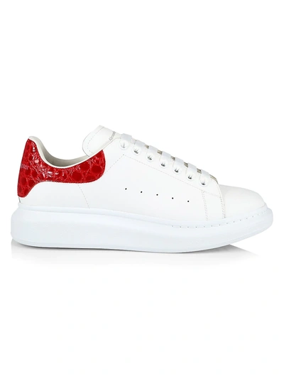 Alexander Mcqueen Exaggerated-sole Croc-effect Trimmed Leather Sneakers In White/red