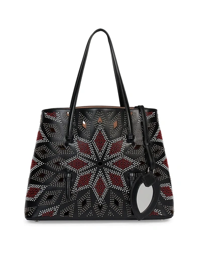 Alaïa Mina Perforated Colorblock Leather Tote In Black