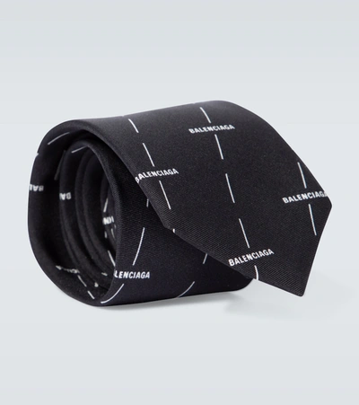 Balenciaga Logo Printed Silk Tie In Black