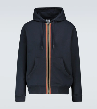 Burberry Icon Stripe-detail Cotton Zip-up Hoodie In Blue