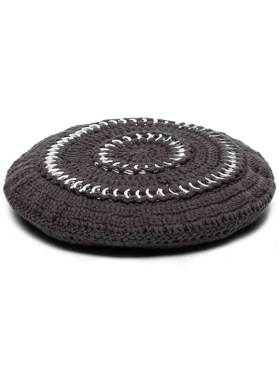Ganni Crochet-knit Cotton Beret In Grey