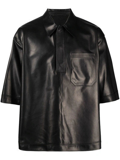 Valentino Leather Short-sleeve Polo Shirt In Nero