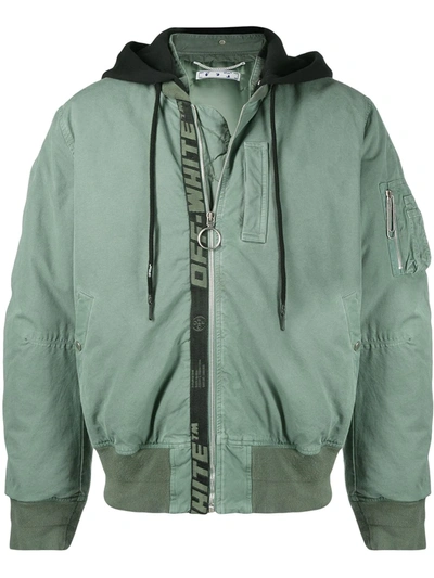 Off-white Logo-print Ruched Bomber Jacket In Green/black