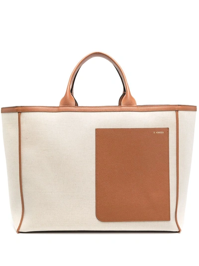 Valextra Shopping Large Canvas And Leather Tote Bag In Neutrals