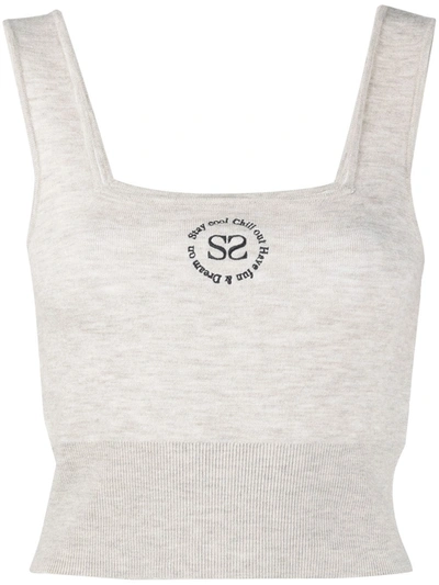 Sandro Paris Cropped Embroidered Knit Top In Mocked Gray