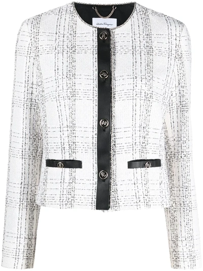 Ferragamo Leather-trimmed Cotton-blend Tweed Jacket In White,black