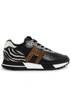 Hogan H383 Sneaker In Black Leather With Animalier Inserts In Black