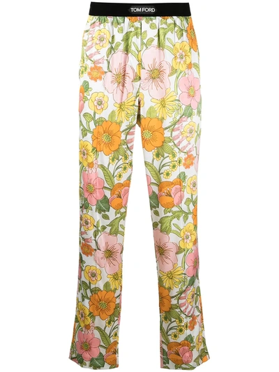 Tom Ford Velvet-trimmed Printed Stretch-silk Satin Pyjama Trousers In Orange