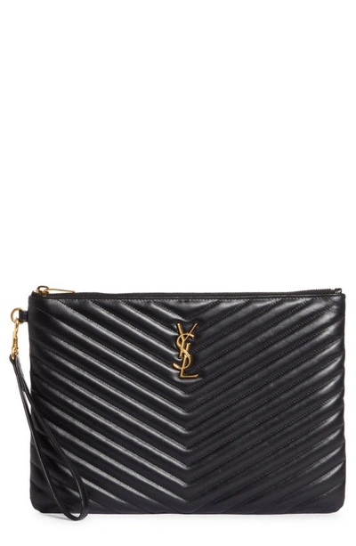 Saint Laurent Ysl Monogram Matelasse Leather Tablet Pouch In Nero