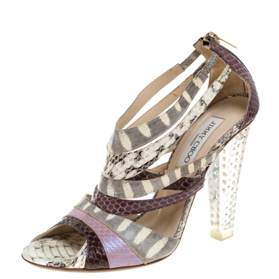 Pre-owned Jimmy Choo Multicolor Python And Lizard Cyndi Rhinestone Lucite Sandals Size 39.5