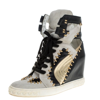 Pre-owned Casadei Tricolor Suede And Leather Studded High Top Wedge Trainers Size 39 In Black