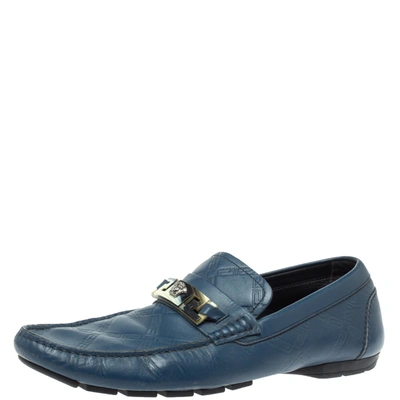Pre-owned Versace Blue Leather Meander Pattern Medusa Slip On Loafers Size 43
