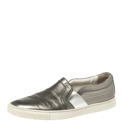 Pre-owned Lanvin Metallic Grey Leather Slip On Sneakers Size 37 In Silver