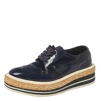 Pre-owned Prada Blue Brogue Leather Derby Lace Up Espadrille Trainers Size 35.5