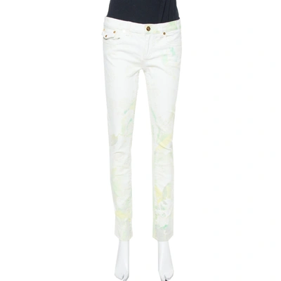 Pre-owned Roberto Cavalli White Floral Printed & Embossed Cotton Straight Leg Jeans M