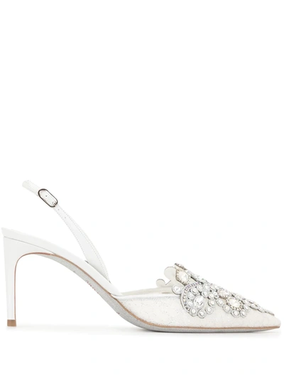 René Caovilla Veneziana Embellished Corded Lace And Karung Slingback Pumps In Neutrals