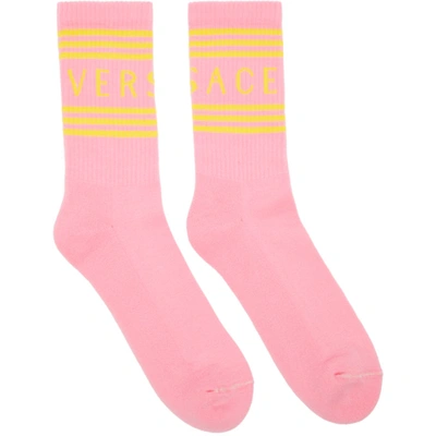 Versace Pink & Yellow 1990s' Vintage Logo Socks In 2p180 Pink