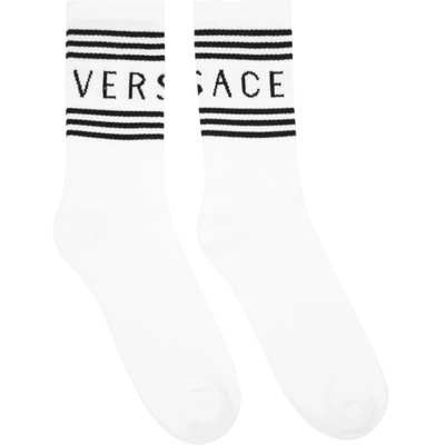 Versace White And Black Logo Stripe Intarsia Cotton Blend Socks In White Black