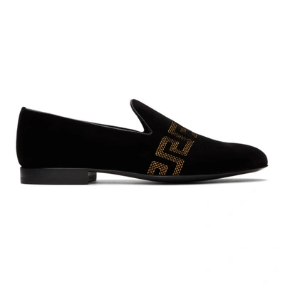 Versace Black Embroidered Greca Loafers In Black Gold