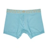 Versace Greca Border Long Boxer Trunks In Light Blue