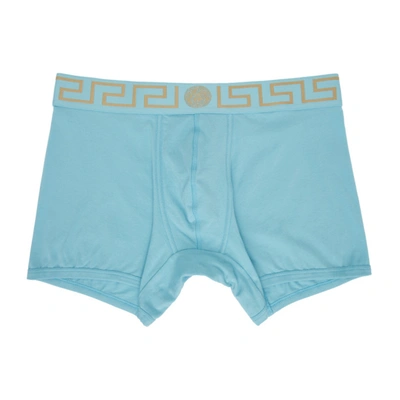 Versace Greca Border Long Boxer Trunks In 2v070 Light Blue Gold