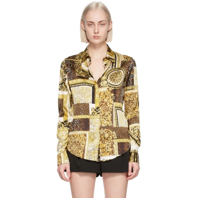 Versace Brown & Gold Silk Barocco Patchwork Shirt In Gold - Brown - White