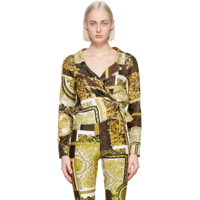 Versace Patchwork Baroque-print Tie-waist Silk Blouse In Multicolor