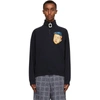 JW ANDERSON JW ANDERSON NAVY EMBROIDERED FACE HALF-ZIP SWEATER